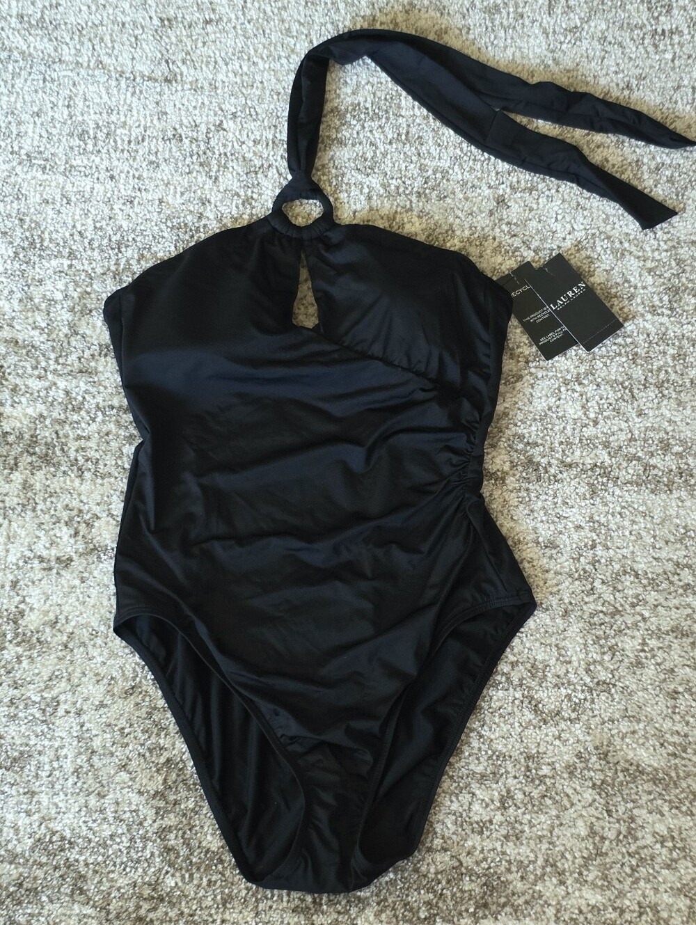 NWT Ralph Lauren Ring Halter Tie Neck Ruched One Piece Black Bathing Suit Sz 12